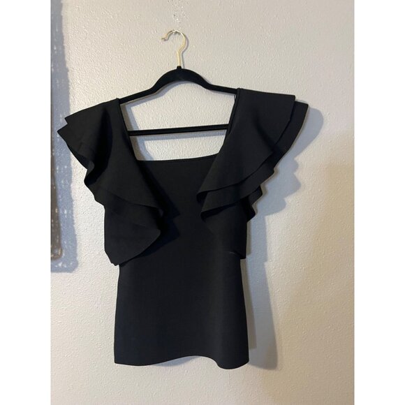 INC Top S Small Black Short Flutter Ruffle Sleeves Stretch Square Neck NWT - Picture 9 of 10